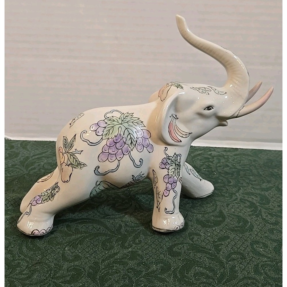 Elephant Ceramic White  Floral Hand Painted in China Honme Decor 7" Tall